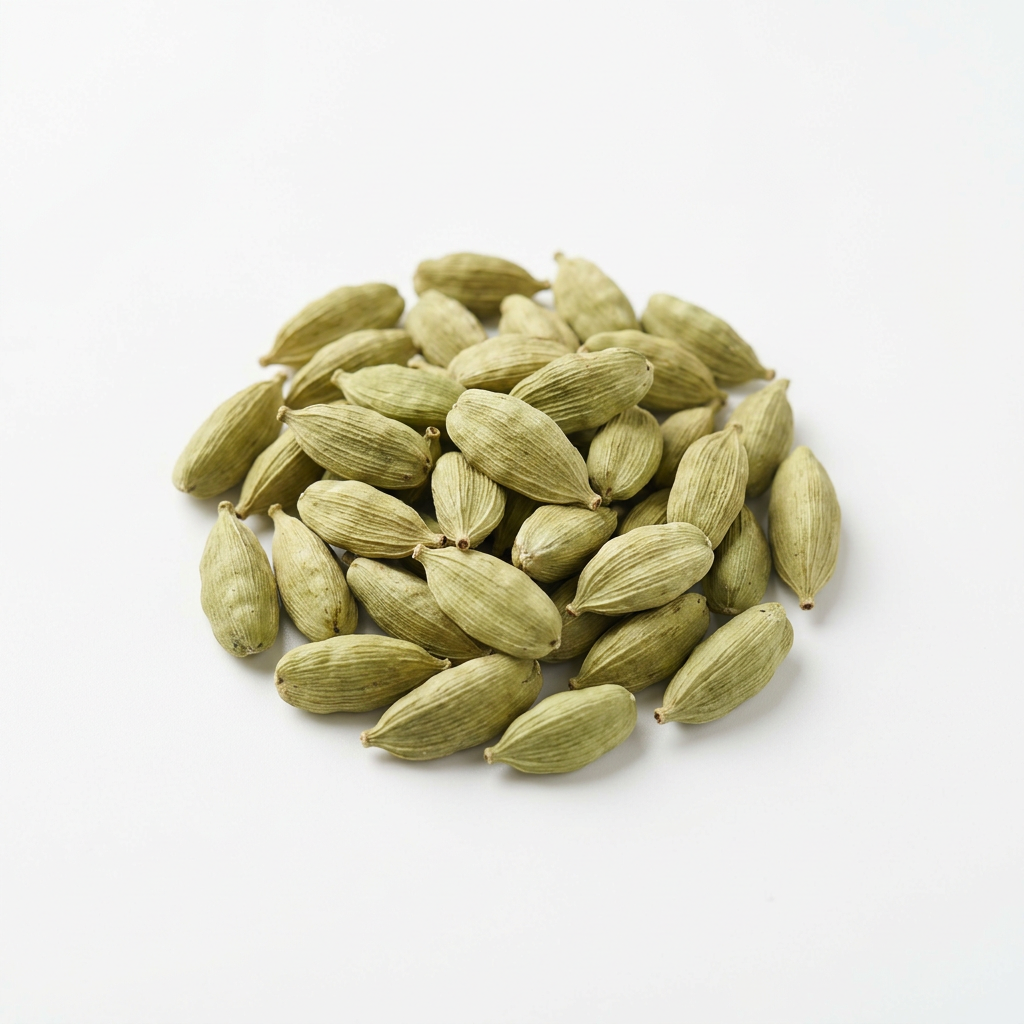 Whole green elaichi cardamom pods on a white background