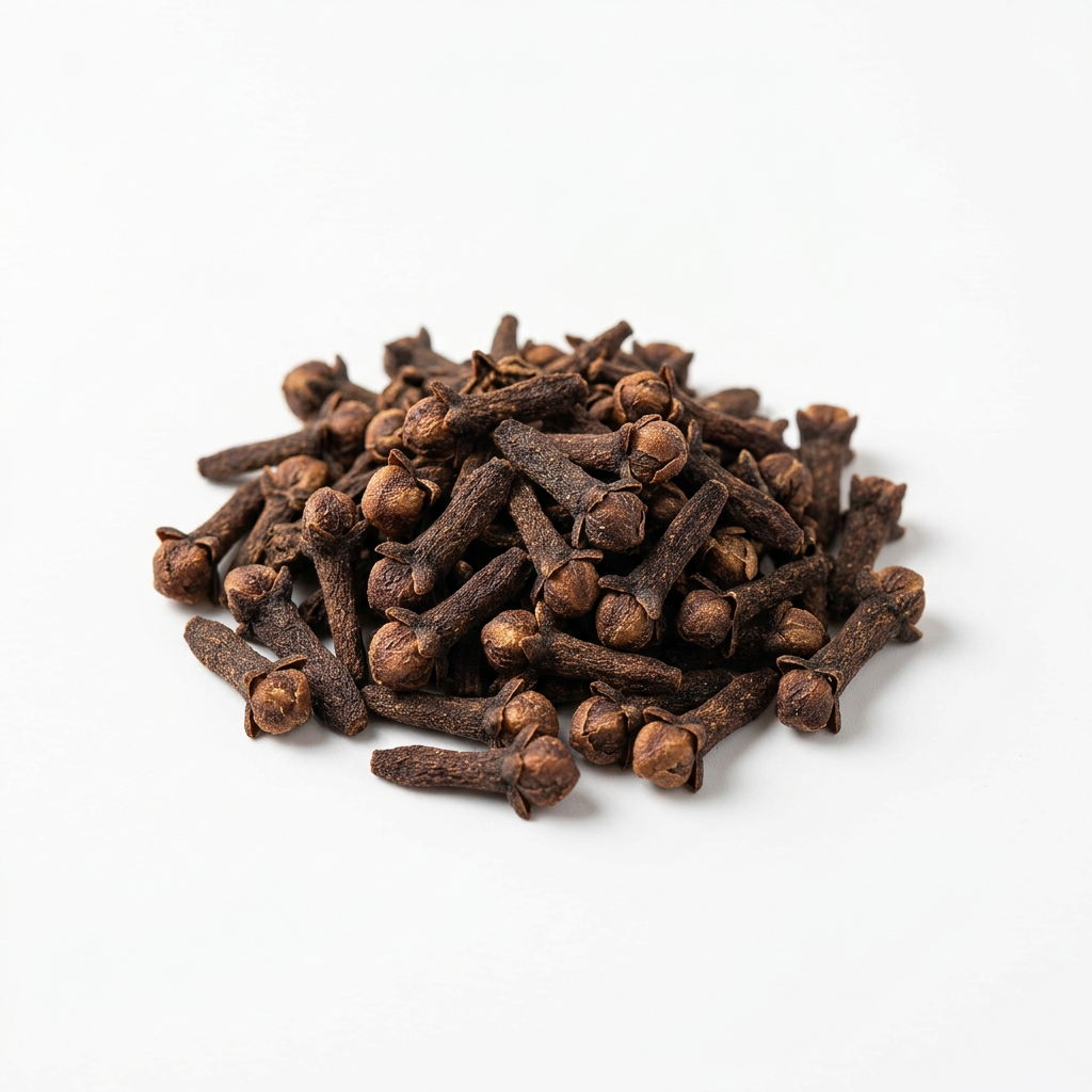 Whole dried cloves on a white background